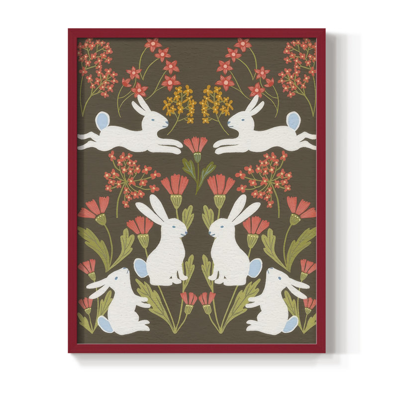 Folk Flower and Rabbit II Framed Print - Solid Wood, 11" H x 9" W, Red