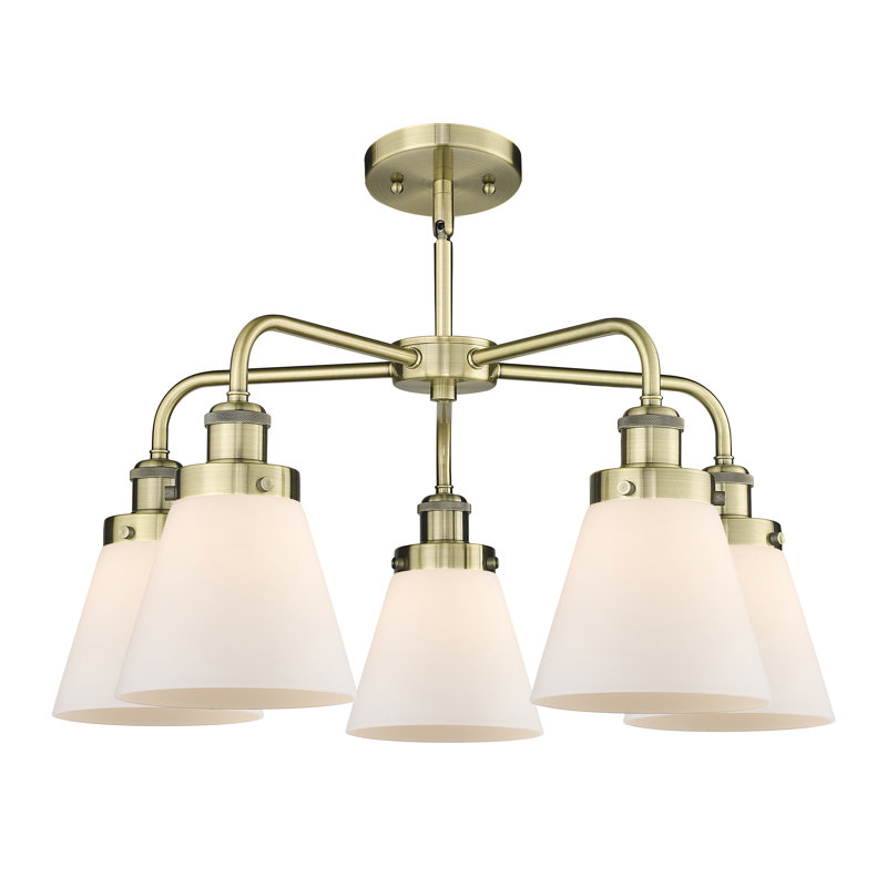 Lustre suspendu 5 lumières Cone, Laiton antique, Blanc mat