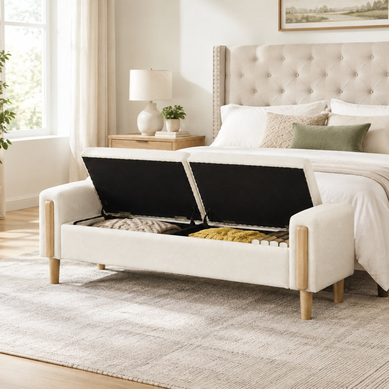 Banc de rangement moderne rembourré de 167 cm de large avec couvercle double et tissu chenille