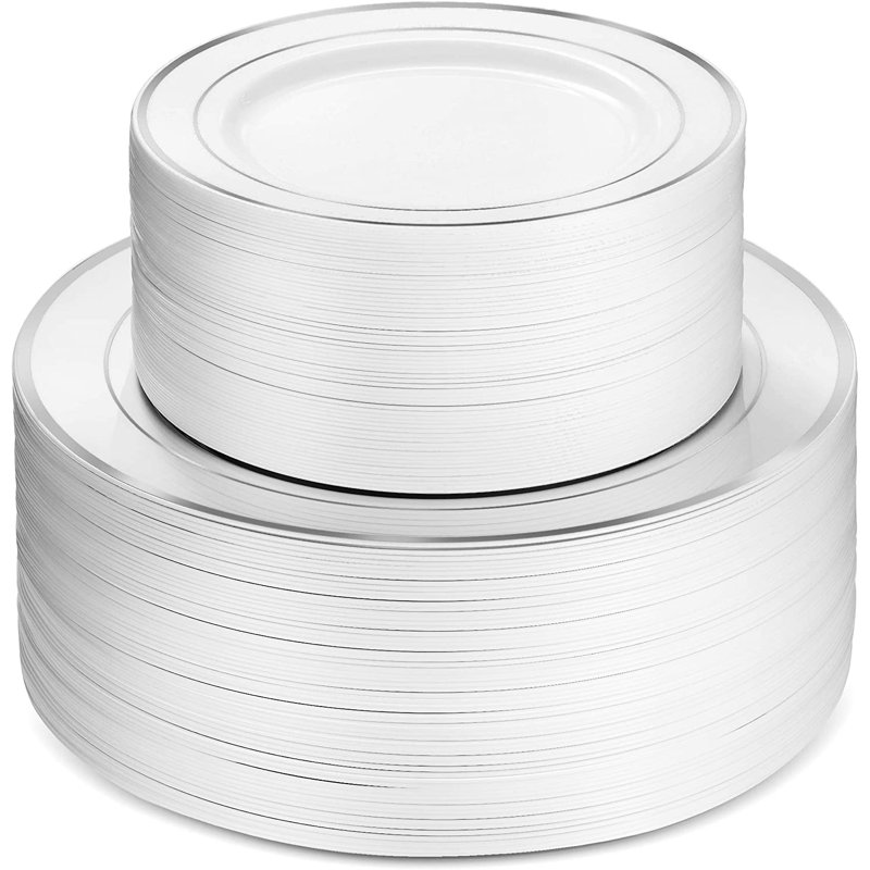 Silver Rim Plastic Plates Party Supplies Kit for 50 Guests