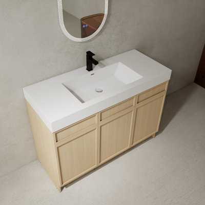 Meuble-lavabo pour salle de bain 48 po avec lavabo en résine et charnière à fermeture en douceur. Style moderne. Matériau en contreplaqué. Espace de rangement suffisant. Tablette intérieure ajustable pour meuble-lavabo. Portes blanches silencieuses.