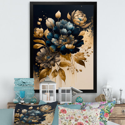 «Biston Blue and Gold Zinnia Flowers II», reproduction sur toile