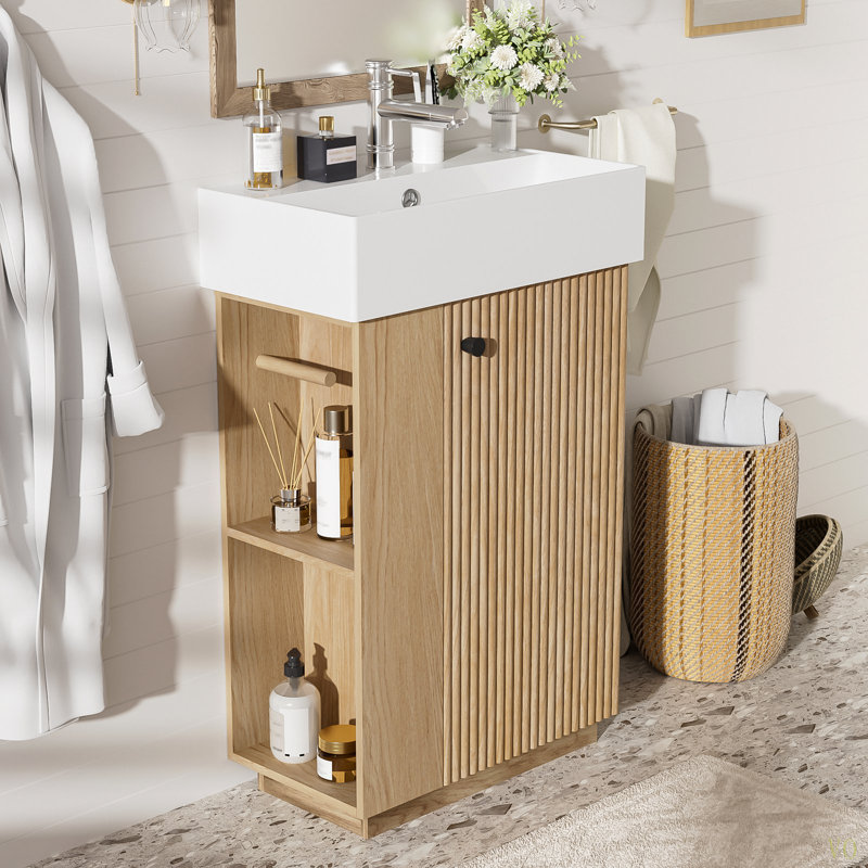Meuble-lavabo de 21,6 po avec lavabo en céramique, armoire à grain de bois moderne à porte droite avec rangement ouvert et fermé