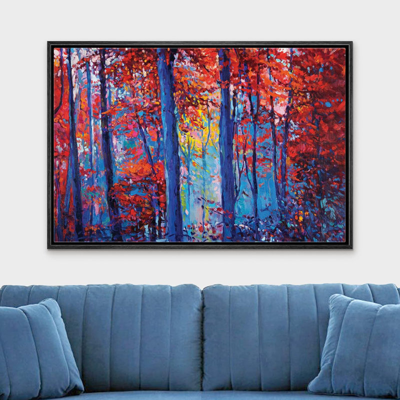 Abstrait forêt vibrante, bleu et rouge, automne, coup de peinture, forêt, nature sauvage, illustrations, art moderne, paysage