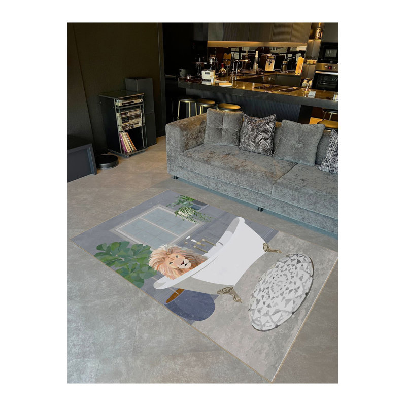 Tapis décoratif lavable à la machine moderne Bathaign and Lion, Rectangle 3 pi 3 po x 4 pi 11 po