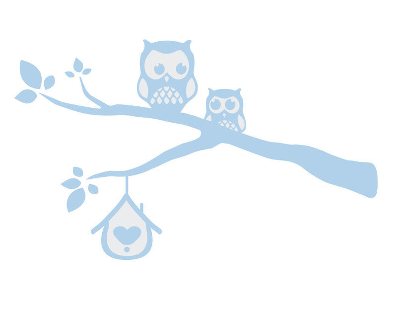 Décalcomanie murale owls sur une branche, H 39 po x l 65 po x P 0,01 po, Bleu poudré