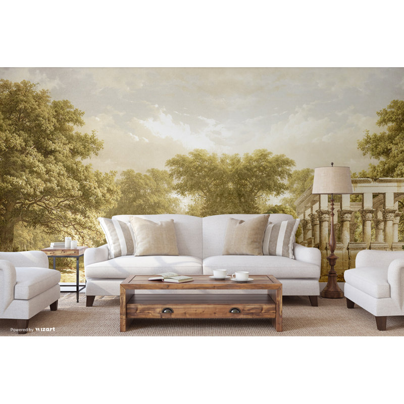 Murale de campagne pittoresque avec ruines classiques, L 110,04 po x l 204 po, Vert foncé