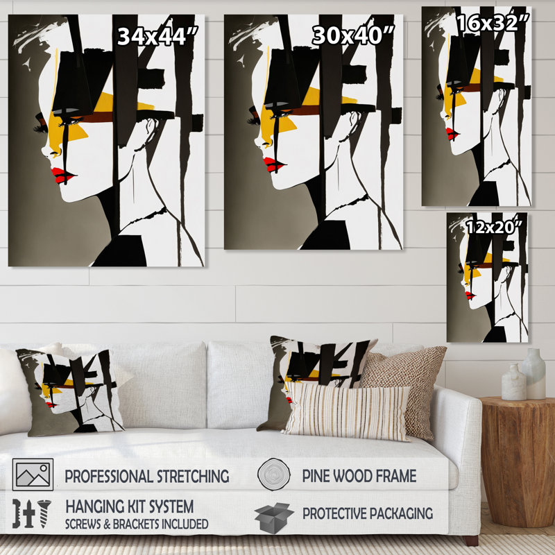 Street art profil en jaune et noir sur toile, H 44 po x l 34 po x P 1,5 po, Toile tendue