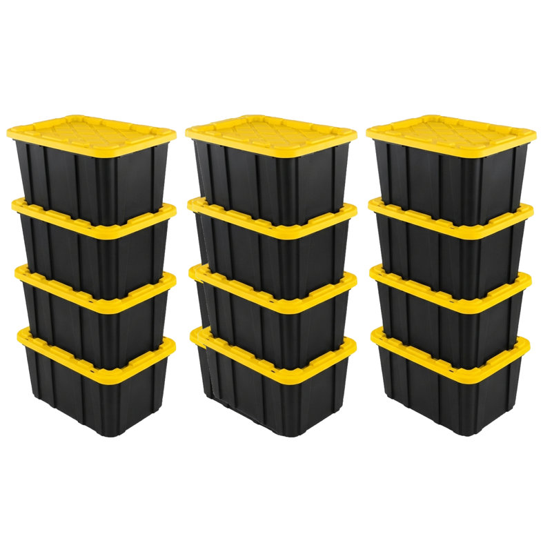 Sterilite 17 Gallon Industrial Stackable Storage Tote Lidded Containers, 6 Pack, 12 Pack, 27 Gallon, Black/Yellow