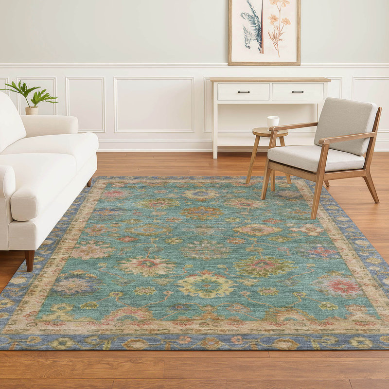 Premium Machine Washable Mayfield AMF2045 Global Rug, Teal, 9' x 12'