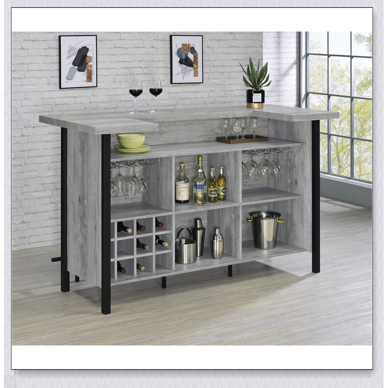 Menimen Grey Driftwood Freestanding Bar Unit With Ample Storage And Open Shelving For Modern And Rustic Decor
