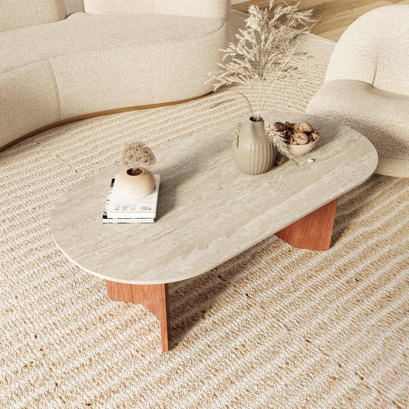 Meranda 47" Modern Oval Travertine Textured Stone Coffee Table-Unique Travertine Slab Top And Semi-Circular Solid Wood Base For Living Space