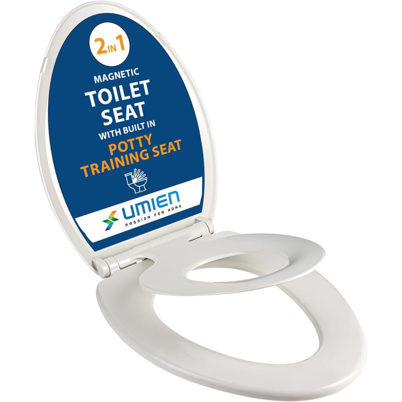Siège de toilette rond non magnétique UMIEN 2-en-1 avec siège intégré pour la formation des petits enfants, charnières à dégagement rapide, pare-chocs anti-pincement et couvercle