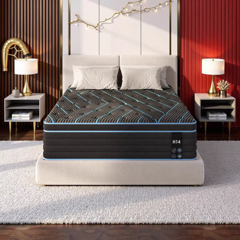 Matelas simple hybride de 12 pouces avec ressorts ensachés individuellement, support ferme moyen, mousse à mémoire de forme certifiée CertiPUR-US, noir et bleu