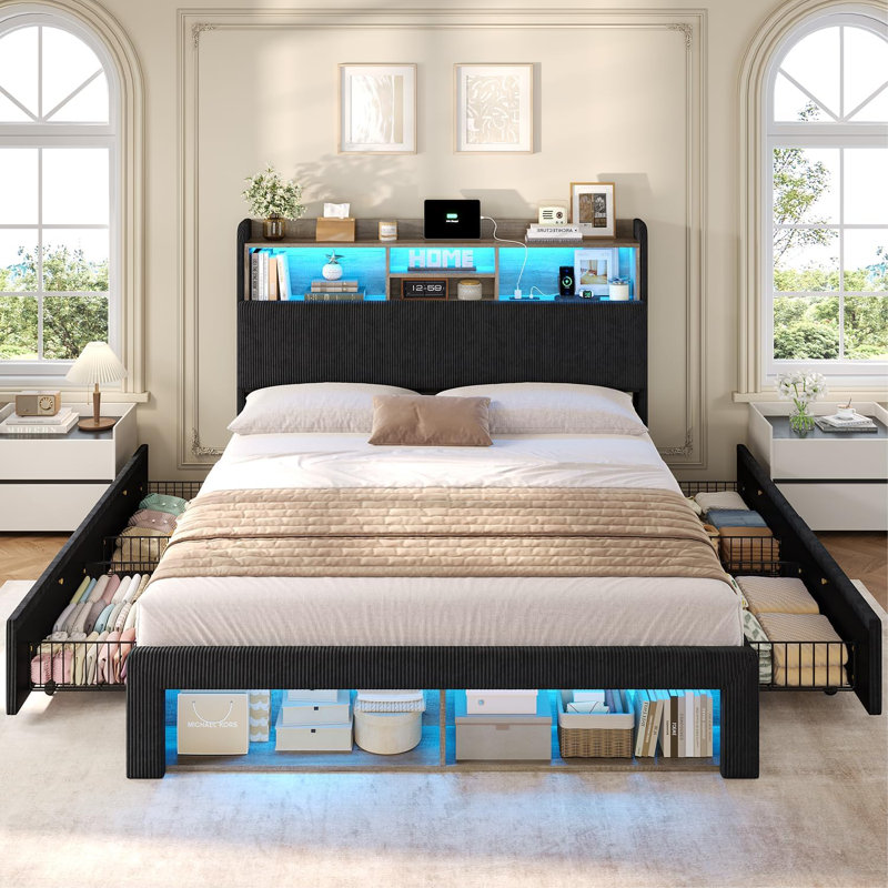 Full Upholstered Bed Frame With Spacious Storage Headboard, 5 Open Shelves, 2 Footboard Cubbies, Rgb Lights & Charging Station, No Box Spring Needed, Black