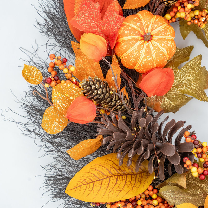 PUMPKIN EMBER - 26" Wreath with Warm White LED Microbulbs  