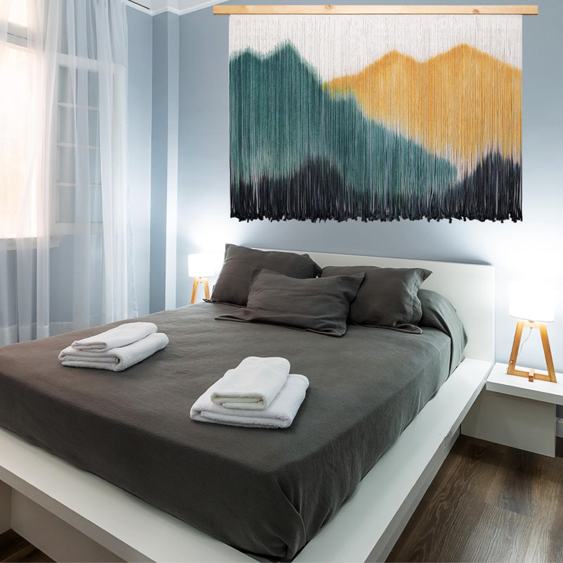 Très grande décoration murale bohème pour chambre à coucher, macramé, tapisserie décorative, tapisserie décorative, maison en bois moderne pour le salon (jaune)