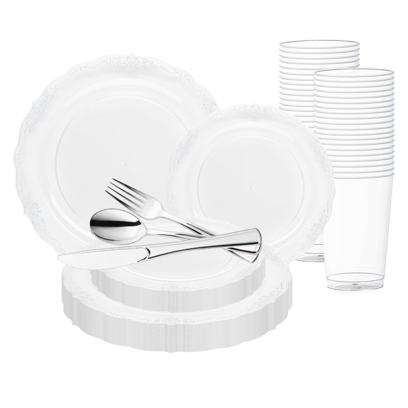 Ensemble de 30 pièces en plastique jetable transparent avec bordure argentée de style vintage, idéal pour un mariage.