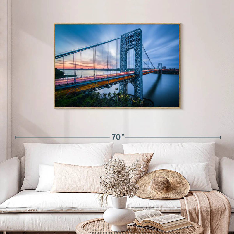 Pont George Washington à l'aube, Cadre flottant en bois naturel, 43 po x 29 po