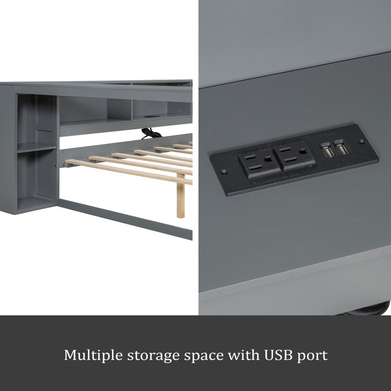 Wood Platform Bed With Storage Shelves, Drawers, Charging Station And Upholstered Headboard, Gray, Full / Double