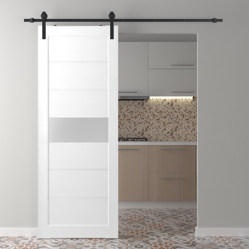 Porte de grange en bois manufacturé massif et verre Edna, 17,75 po x 79,37 po, Blanc