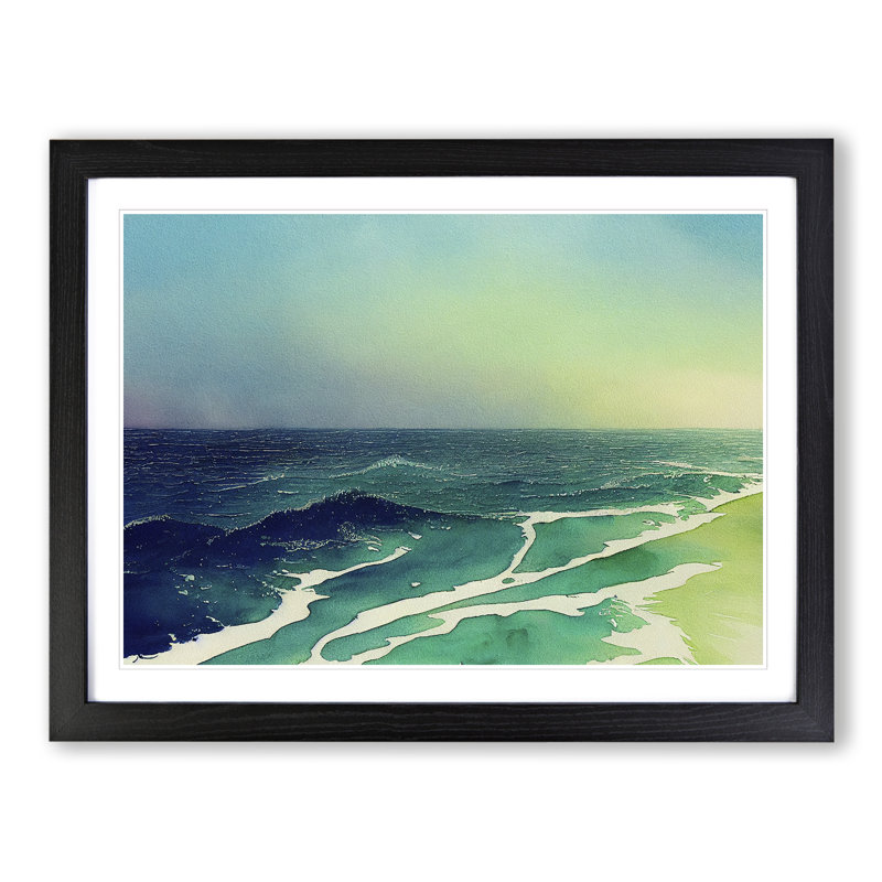 Aqua Ocean Beach - Single Picture Frame Print, 46cm H x 64cm W, Black