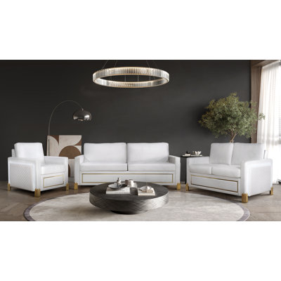 Glamor White Velvet 3-piece Living Room Set With Gold Legs & Led Lighting – Sofa, Loveseat & Chair by Everly Quinn