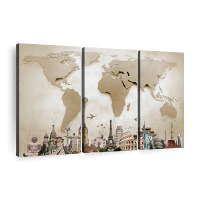 Neutre carte du monde sur toile en acier 3 pièces