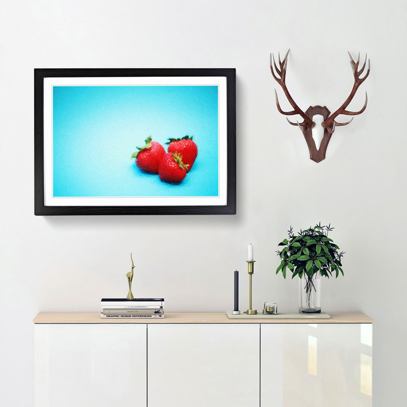 Three Strawberries - Picture Frame Painting Print, 27cm H x 36cm W x 2cm D, Black Framed