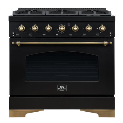 Cuisinière à double combustible 36 pouces Forno Antico avec 6 brûleurs à gaz scellés, four à convection électrique, finition laiton antique