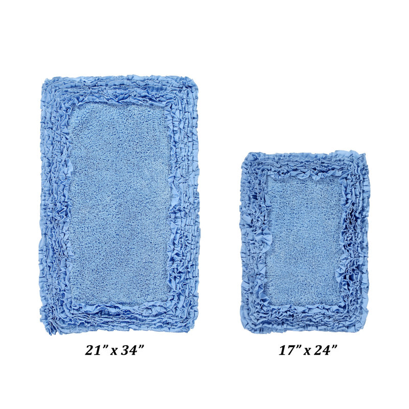 Ensemble de tapis de bain 100% coton 1775 g / m² 2 pièces Courson Premium, certifié OEKO-TEX®, envers en latex antidérapant, motif de volants touffetés moelleux, super absorbant, tapis de salle de bain lavables à la machine, bleu