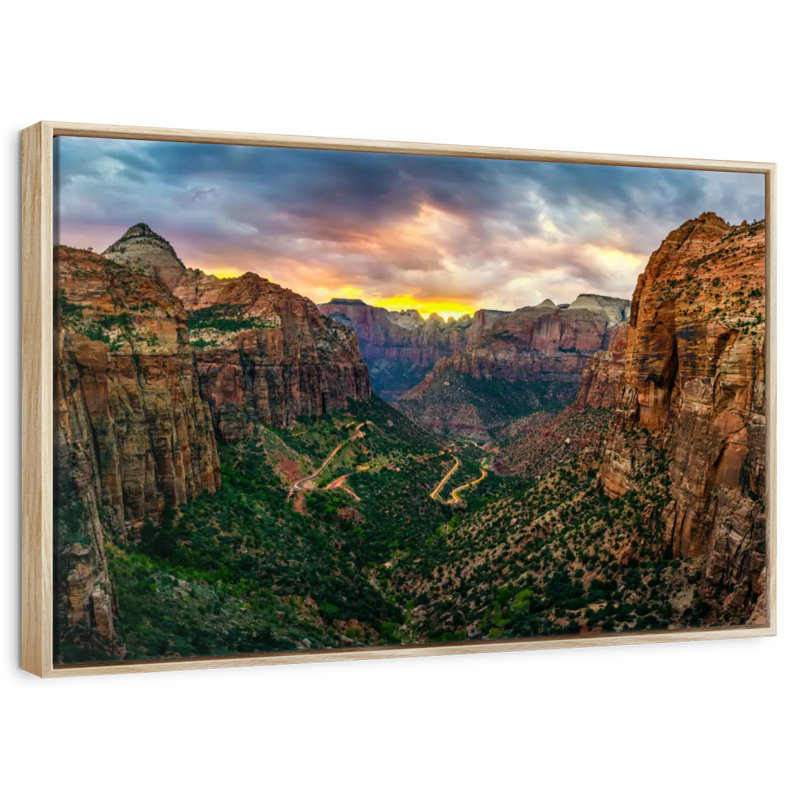 Parc national de Zion au coucher du soleil, Cadre flottant en bois naturel, 40 po x 27 po