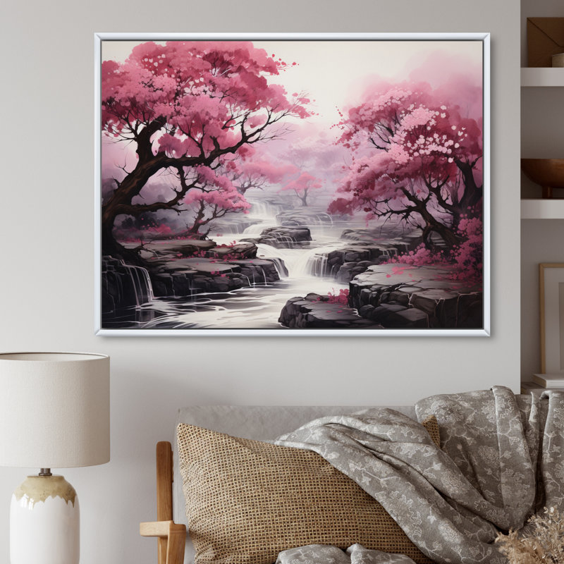 «Pink Trees Waterfall Endless Journey» - Art mural cascade, H 16 po x l 32 po x P 1 po, Cadre flottant blanc