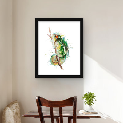 Watercolor Chameleon Framed Matted Print | Green Reptile Art