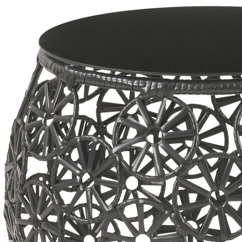 Ensemble de chaise longue et de table d'appoint en verre transparent, tissu gris anthracite et osier noir Hikre