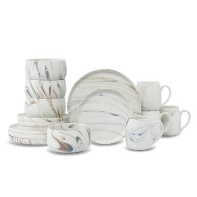 Lorren Home Trends Marble Pattern Dinnerware Set, 16 Piece Ceramic Dishes And Mugs, Modern Swirl Design, Beige And 