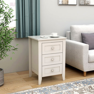 White 3 Drawer Nightstand With Charging Station, USB Ports, And Power Outlets, Modern Wooden Bedside Table For Bedrooms