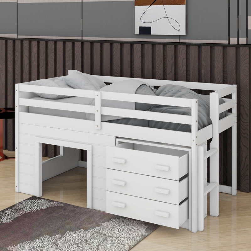 Lit mezzanine simple avec armoire et tablette, Blanc