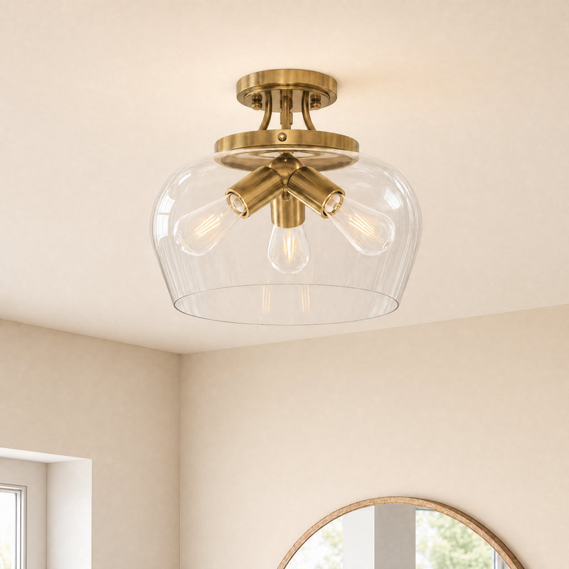 Penley 3 - Light 13.8" Glass Semi Flush Mount Ceiling Light in Brushed Brass, Antique Brass