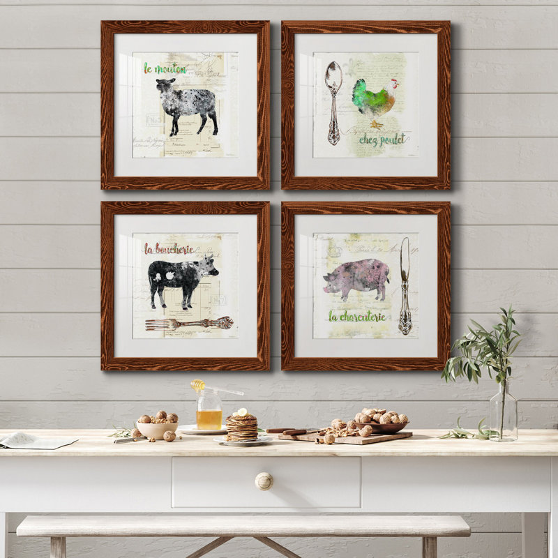 Golden Cuisine Sheep - Ensemble de 4 impressions sur toile encadrées, Encadré gris, H 27,5 po x l 110 po x P 1,5 po