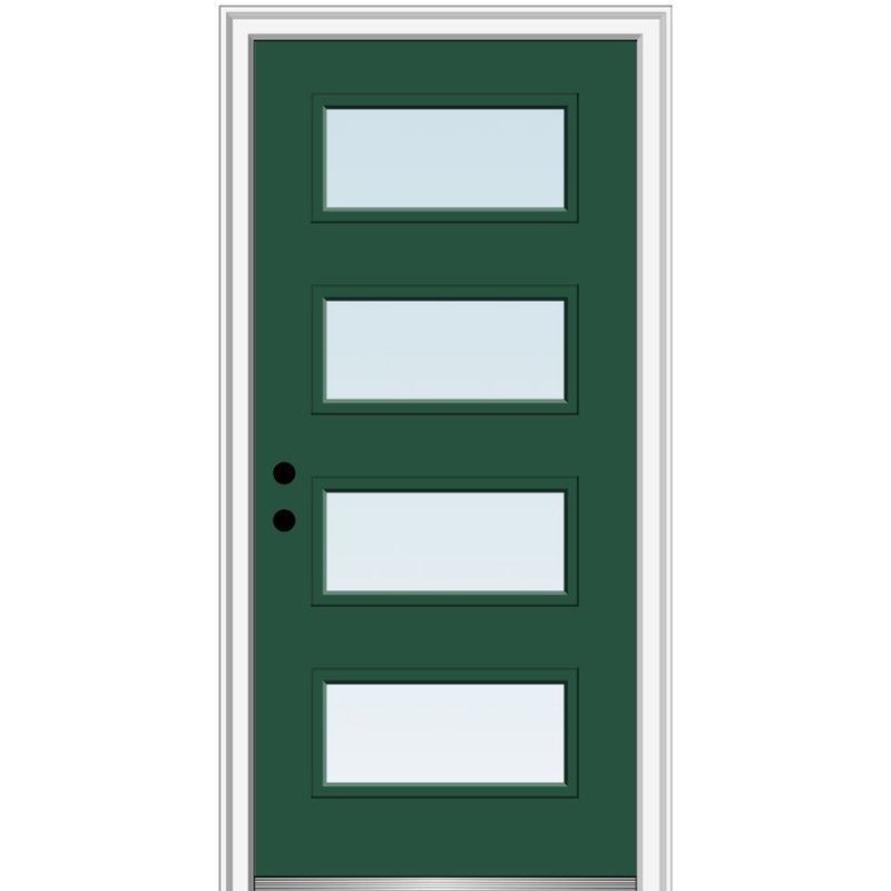 Porte d'entrée pré-suspendue en acier peint 4 lumières à 4 lumières, S'ouvre à droite vers l'intérieur, Vert forêt