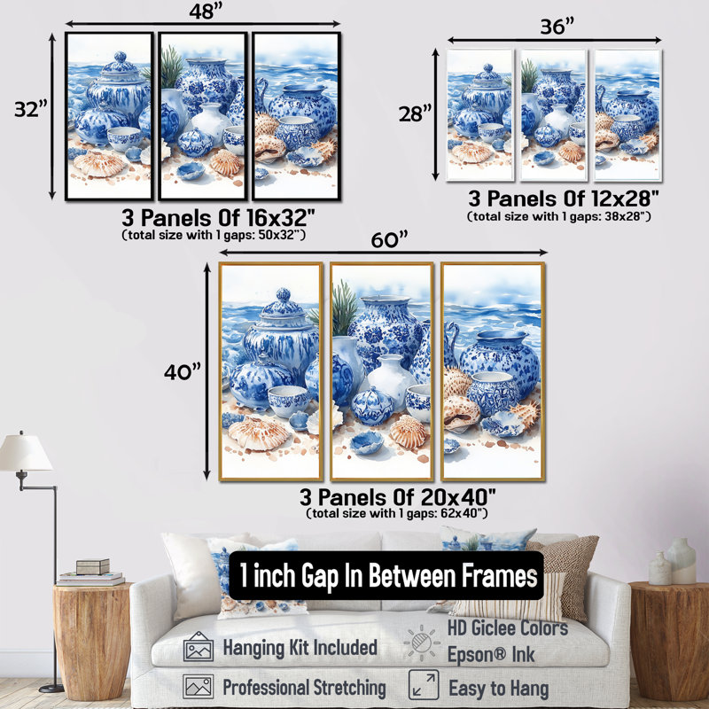 Plage, poterie en tons de bleu et blanc - Ensemble d'art mural de plage, Toile avec cadre flottant brun