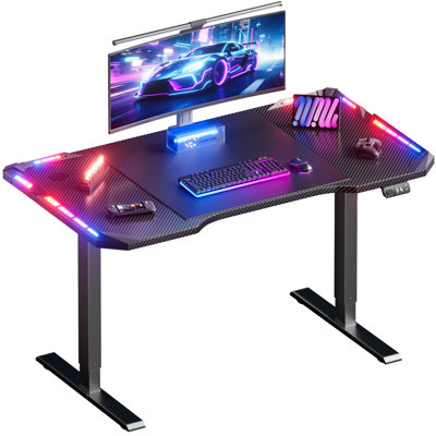 Bureau de jeu électrique réglable en hauteur de 140 cm (55 pouces) avec éclairage DEL, table PC ergonomique avec plateau en fibre de carbone, 2 positions mémorisables et 2 tailles, bureau pour ordinateur de jeu pour la maison, le télétravail et le bureau, noir