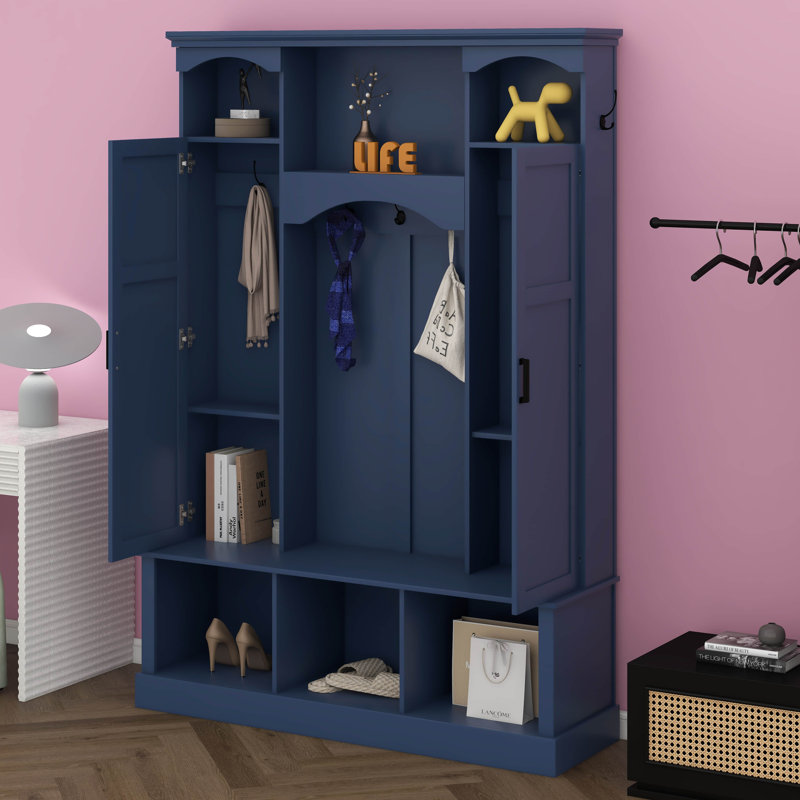 Hall Tree With Bench And Shoe Storage, Hall Tree With Adjustable Shelves, Cabinets, Entryway Organizer With 7 Hooks, Blue