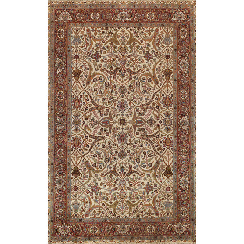 Tapis beige / rouge en laine noué à la main de conception unique 5 pi 11 po x 8 pi 9 po New Age