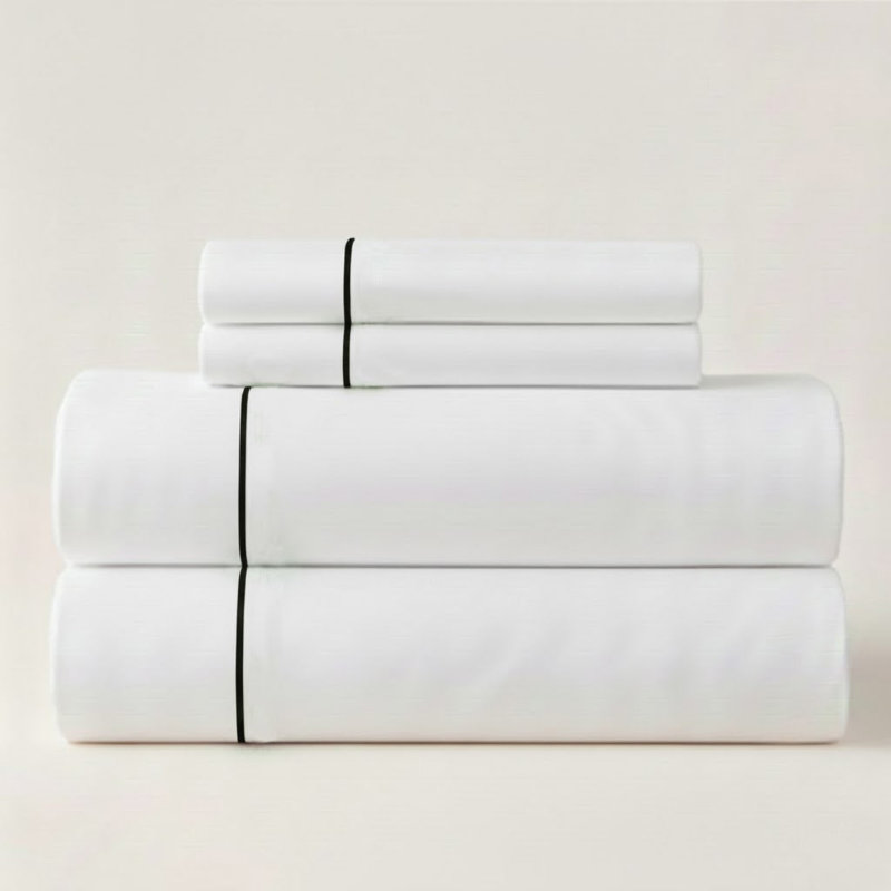 500TC Cotton Single Embroidery Sateen Solid Cotton 4 Piece Sheet Set Fitted Sheet Fits Upto 16" Deep Pocket, Black Border