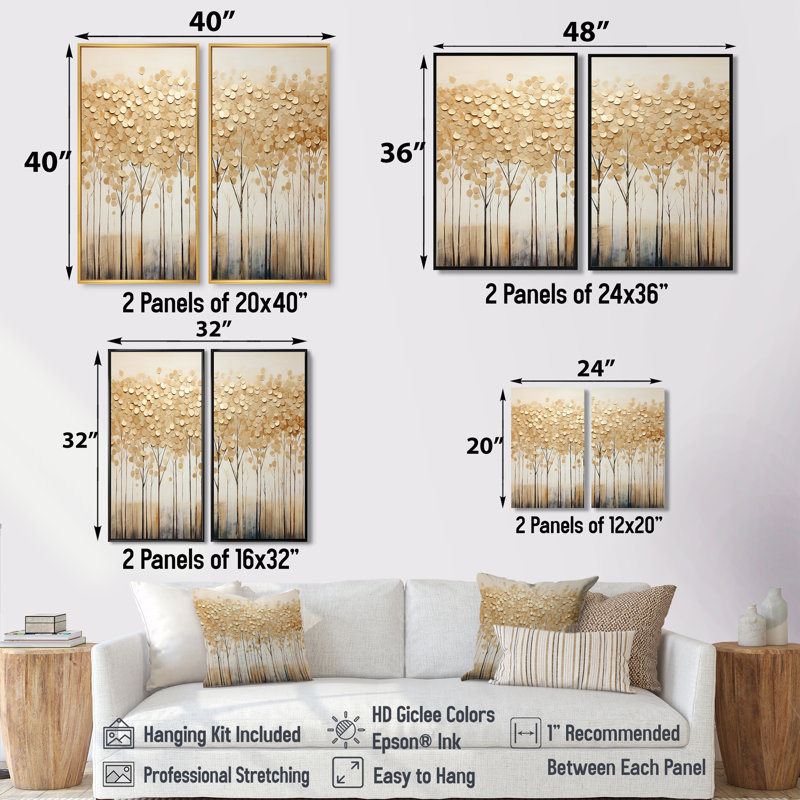 Minimalisme Golden Trees Harmony - Décoration murale grand arbres, H 40 po x l 40 po, Impression encadrée flottante