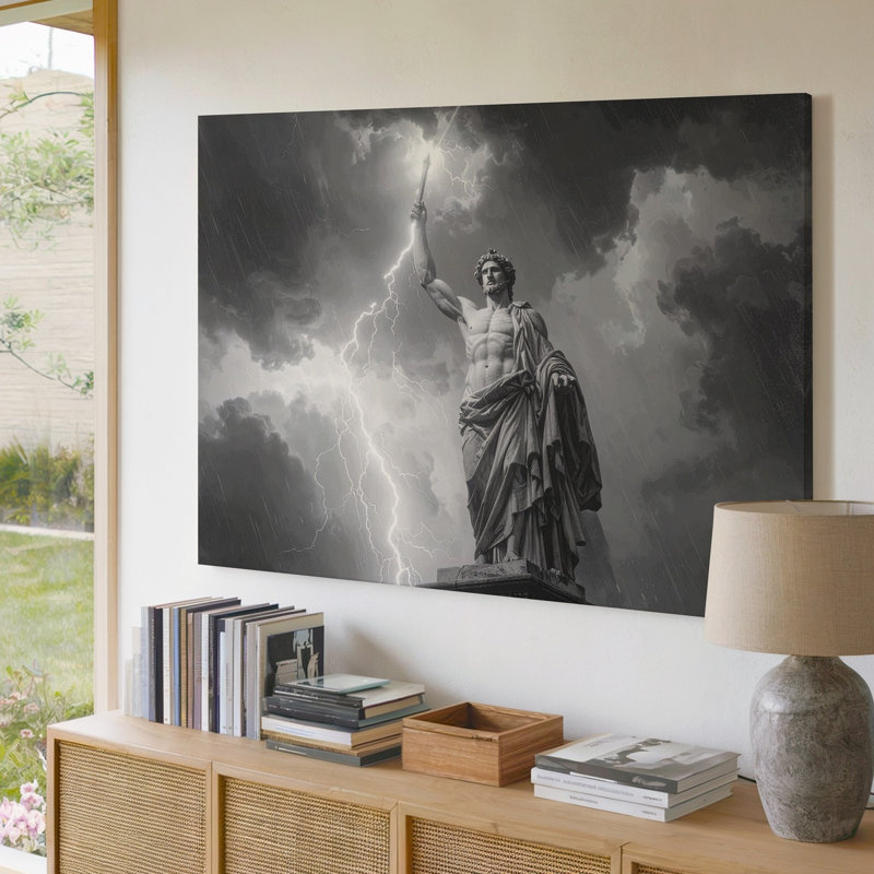 Toile Stormbearer, statue monochrome avec éclair et ciel de tempête, H 9 po x l 12 po