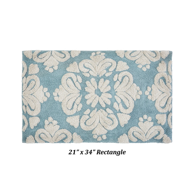 Danitra 100% Cotton 1885 GSM Bath Rug with Non-Slip Latex Backing, Soft Absorbent Machine Washable Bathroom Mat, Medallion Design, 21" x 34", Blue