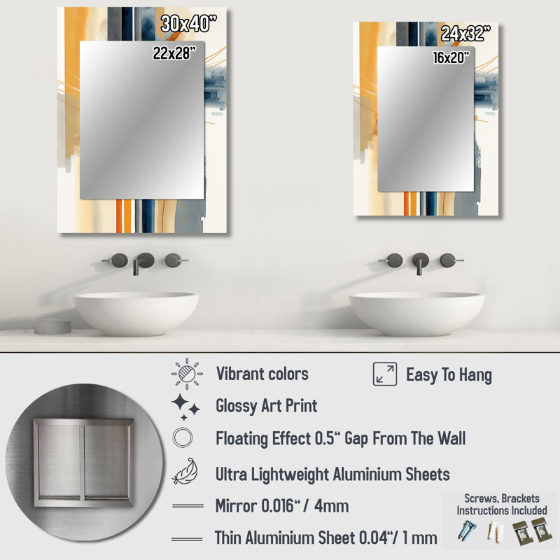 Modern Blue And Gold Abstract II - Large Wall Mirror On Metal, 32" x 24"
